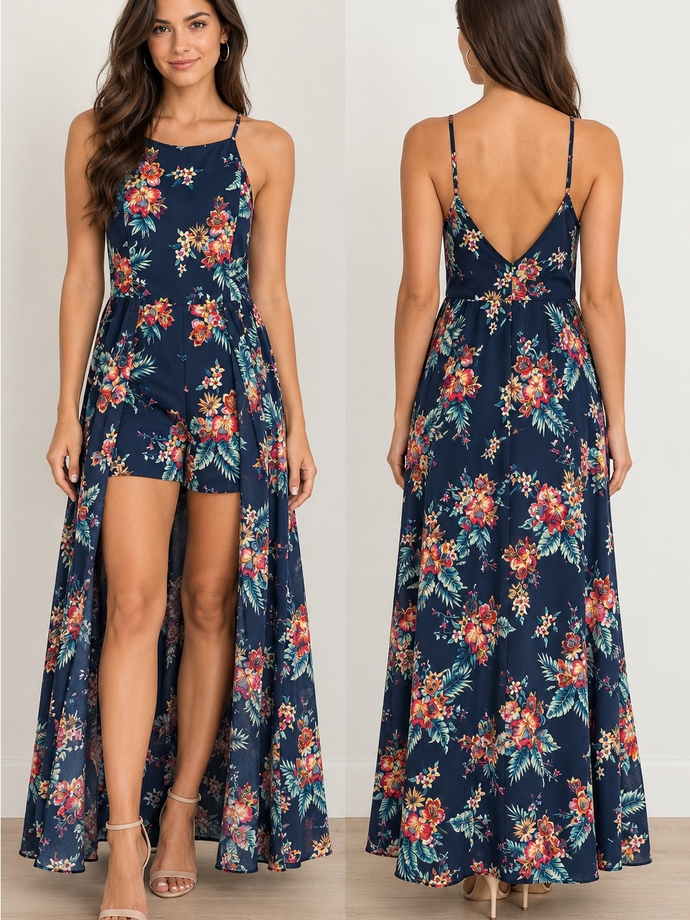 Band of Gypsies Navy Floral Romper Maxi Dress